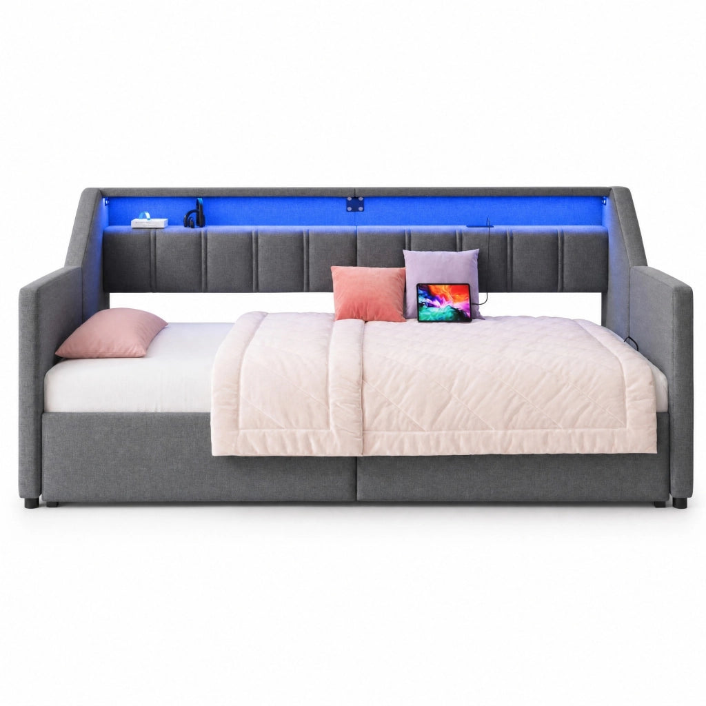 Letto estraibile 90x200 cm grigio in lino con LED, USB e 2 cassetti, senza materasso