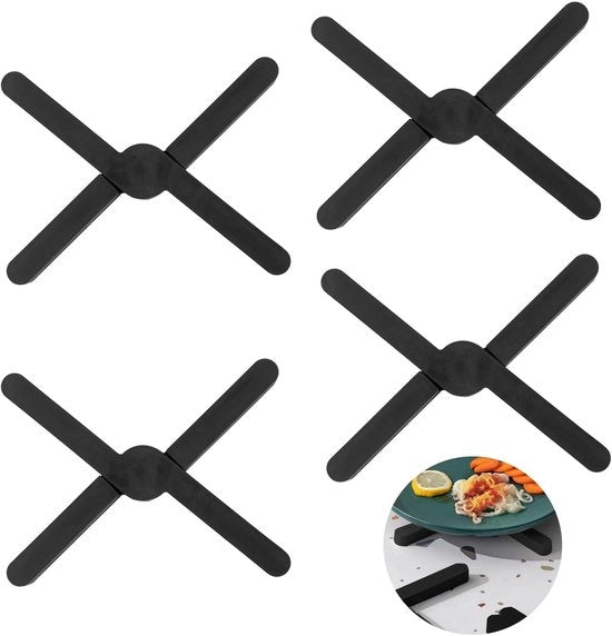 Sostegni per piatti in silicone - Ripiegabili - Resistente al calore fino a 200° - Nero - Antiscivolo - Sicuri per l'uso con alimenti e amichevoli con l'ambiente