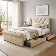 Letto singolo imbottito 90x200 cm con 2 cassetti e testiera regolabile; naturale