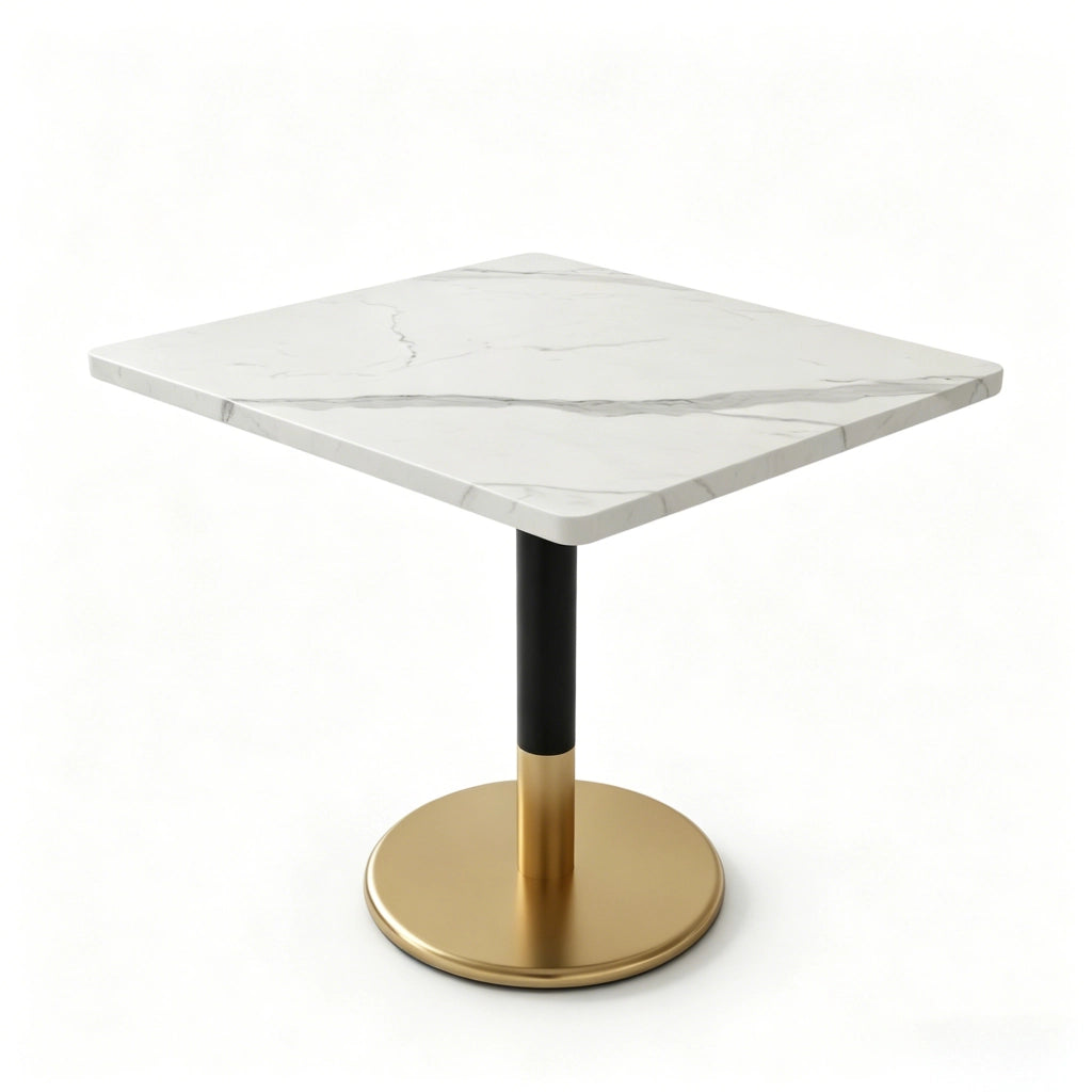 Tavolo da pranzo rettangolare 80x60 cm per 2 persone; piano effetto marmo bianco in MDF; base in metallo nero
