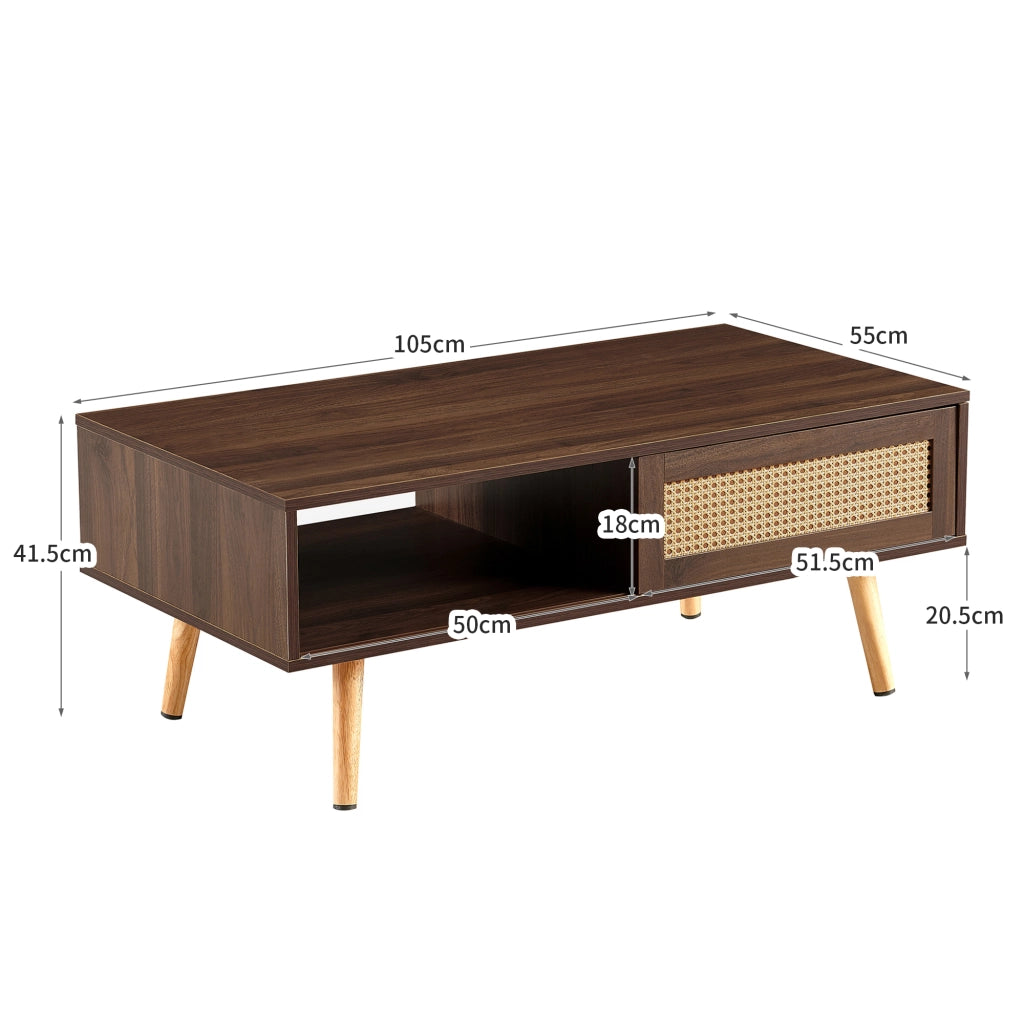 Tavolino da salotto in rattan con porta scorrevole; gambe in legno massello; stile naturale; per soggiorno; marrone; MDF