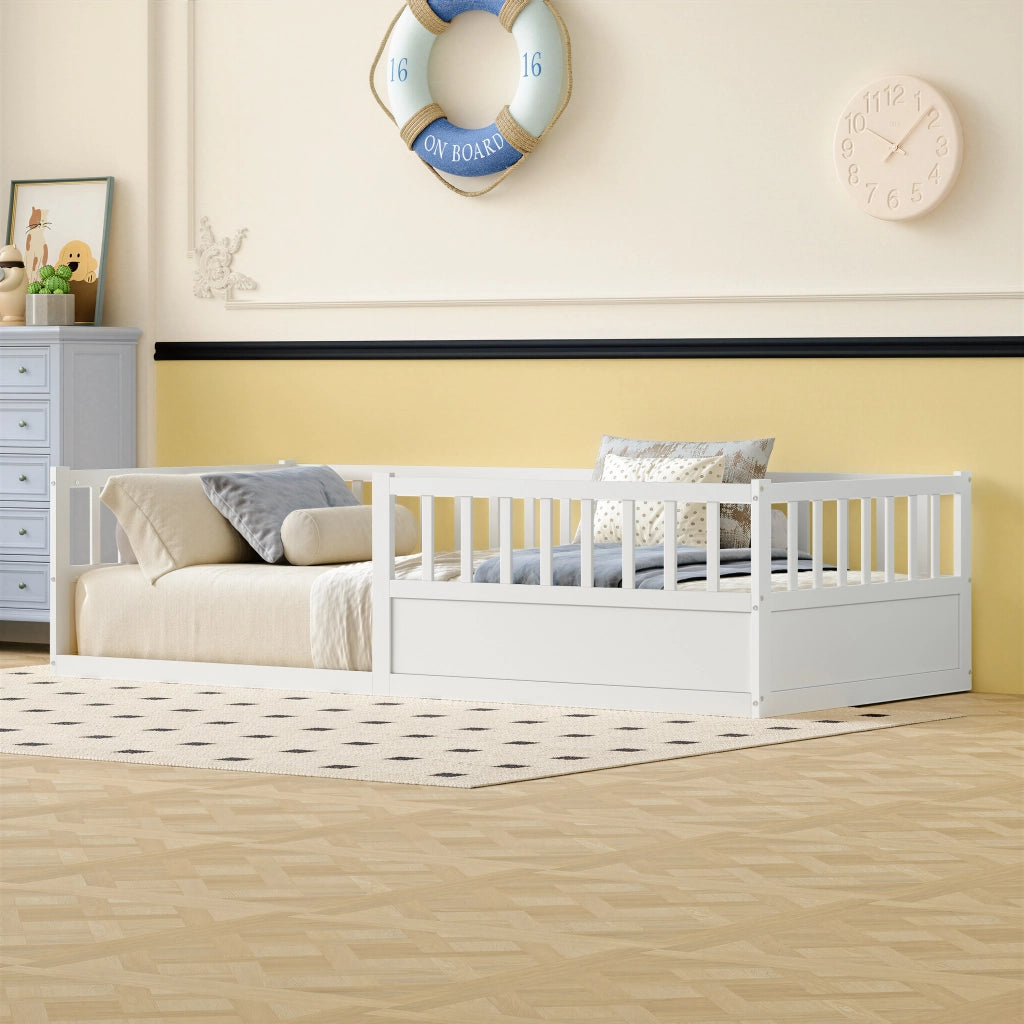 Letto per bambini, 90 x 200 cm, struttura in legno massello, sponde di sicurezza, bianco