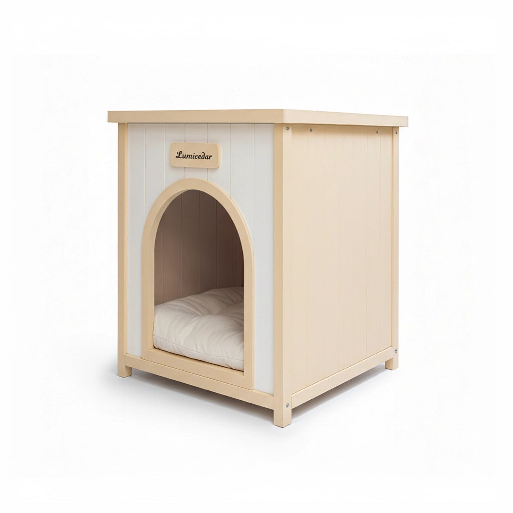 Cuccia Arredo per Cane o Gatto 53×51;6×60 cm con Piano Superiore e Cuscino Lavabile; Bianco Crema