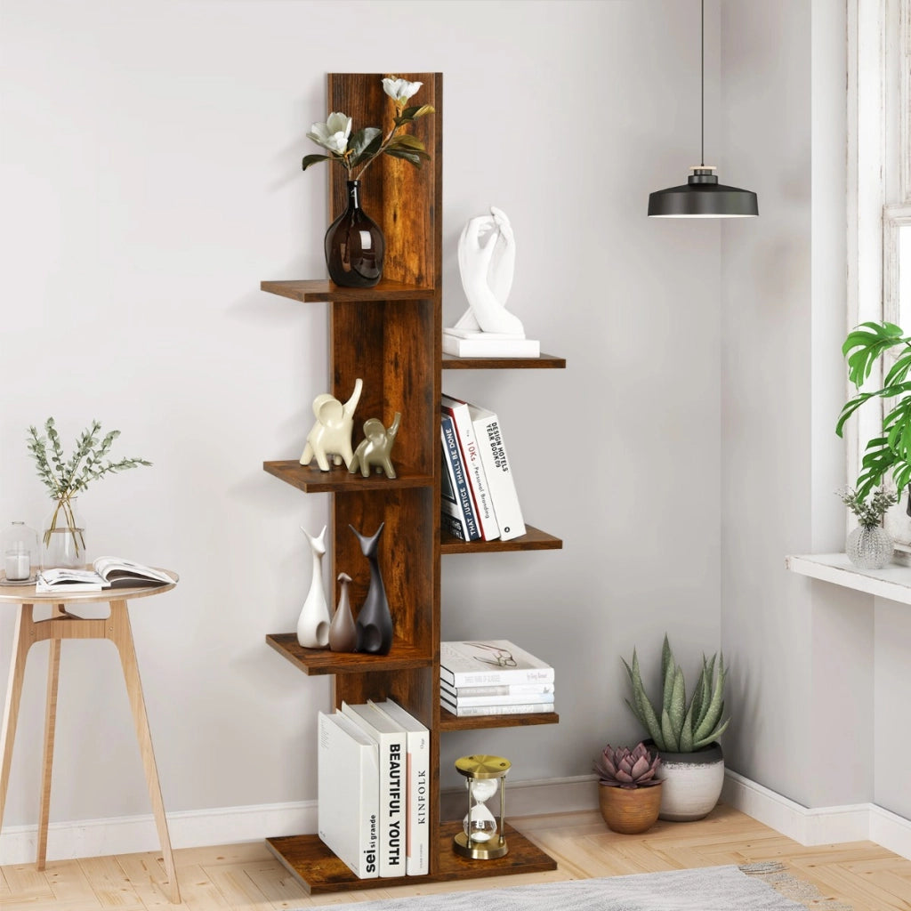 Libreria ad albero autoportante a 8 ripiani in legno-Stand espositivo multifunzionale per libri e piante Marrone