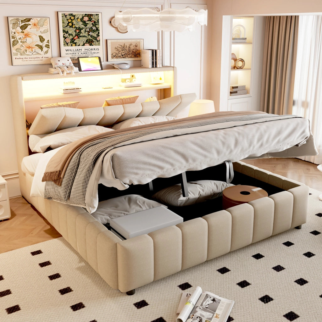 Letto contenitore 140 × 200 cm con sollevamento idraulico testiera LED USB e USB-C rivestito in tessuto beige