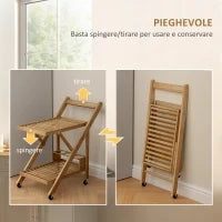 Carrello da Cucina Portavivande Pieghevole a 2 Livelli con Portabottiglie in Legno di Bambù