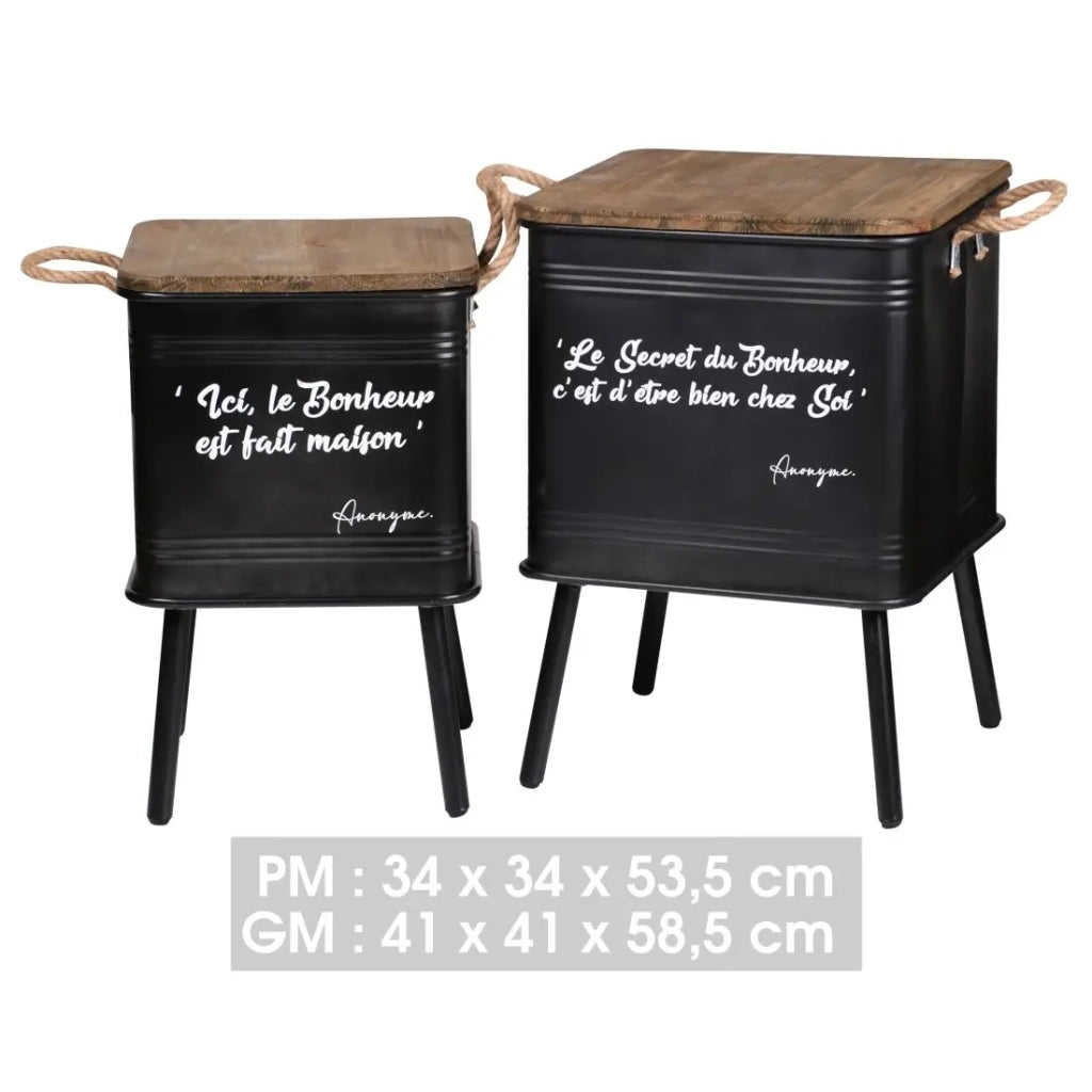 Set di 2 tavoli neri in metallo stile industriale con maniglia in corda. Collezione HAPPINESS