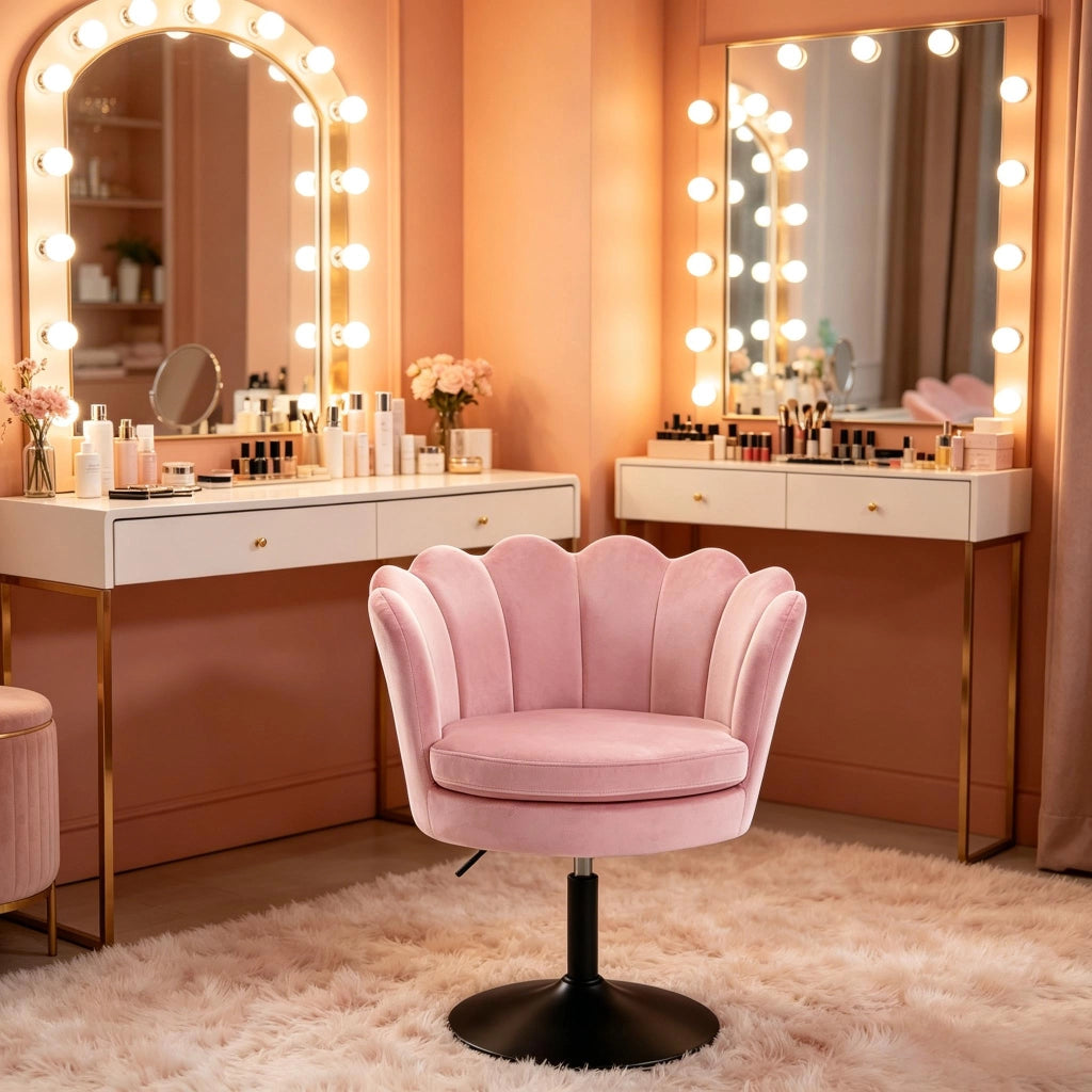 Sedia girevole in velluto rosa regolabile in altezza con base in metallo, 61,5x65x71-83 cm