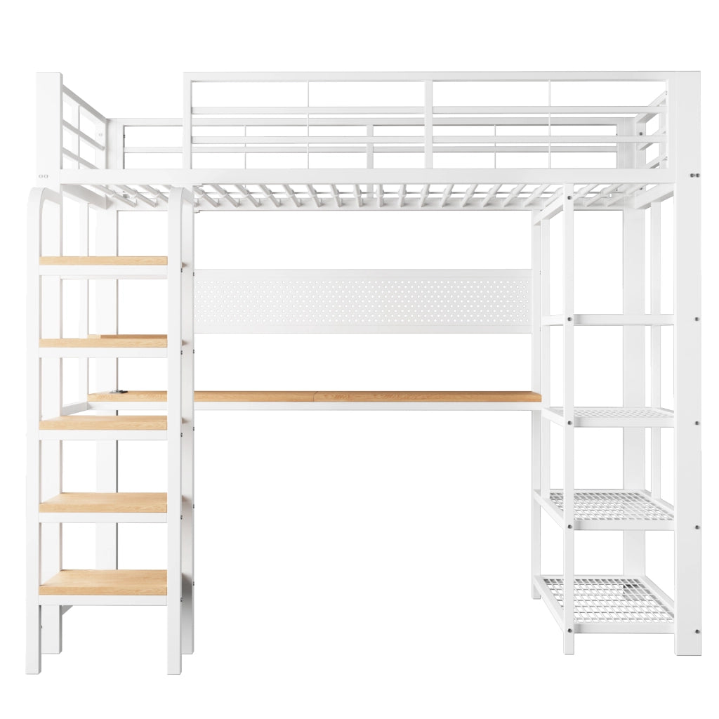 Letto a soppalco in metallo 90x200 cm con scrivania, LED RGB, prese integrate e scaffalatura multifunzione
