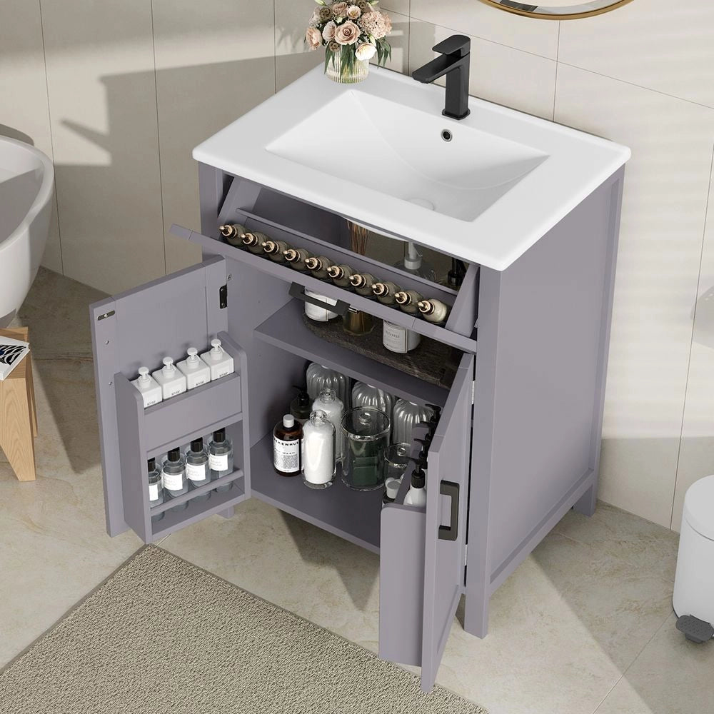 Mobile bagno con lavabo - Xylo - 60x46x84,8 cm - Grigio - Doppie ante, lavabo ceramica, ripiani regolabili