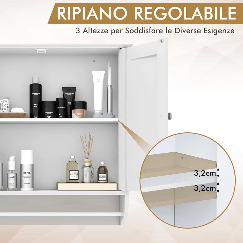 Mobile da Bagno Sospeso, Armadietto da Parete con 2 Ante Barra Porta Asciugamani e Ripiano Regolabile, Salvaspazio Stile Moderno, 60 x 21 x 61 cm (Bianco)