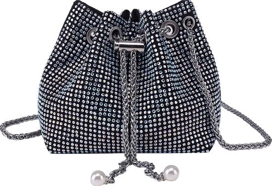Borsa da sera con catena e strass per donna, con strass e catena, per matrimonio, festa, promessa