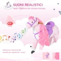 Cavallo a Dondolo per Bambini 2+ Anni con 4 Rotelle, Suoni Realistici e Poggiapiedi, 65x28x75 cm, Rosa