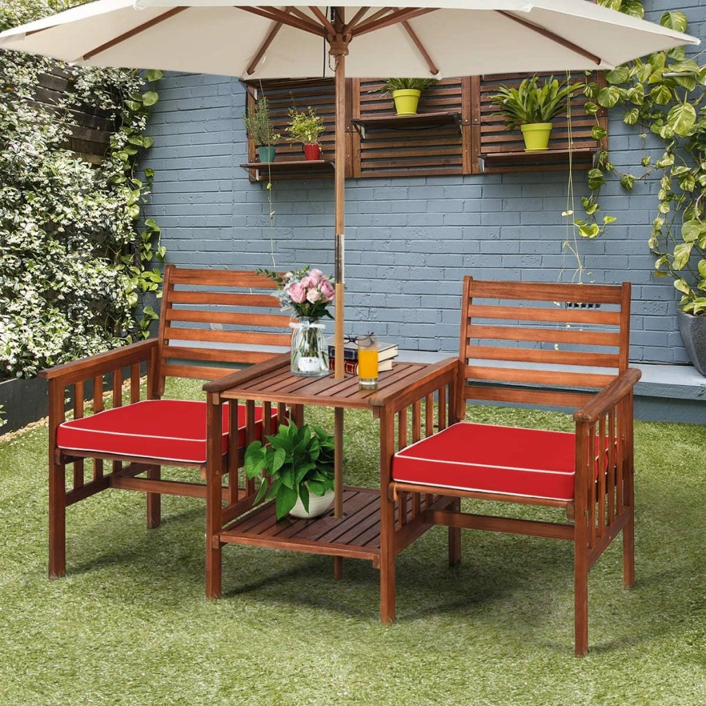 Set di sedie e tavolo in legno di acacia per esterni con foro per ombrello da 5cm, Set di mobili a 2 posti Rosso-Set mobili da esterno