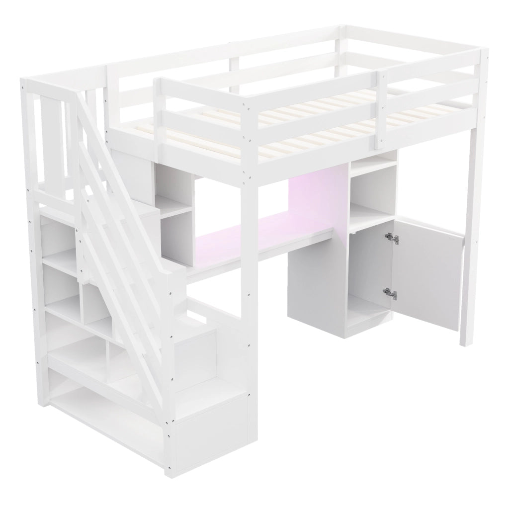 Letto a soppalco 90 × 200 cm con scrivania, scale contenitore, ripiani, LED e prese europee, senza materasso, bianco