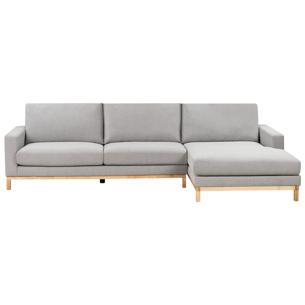 Divano angolare a sinistra Rivestimento in poliestere grigio Gambe in legno Elegante