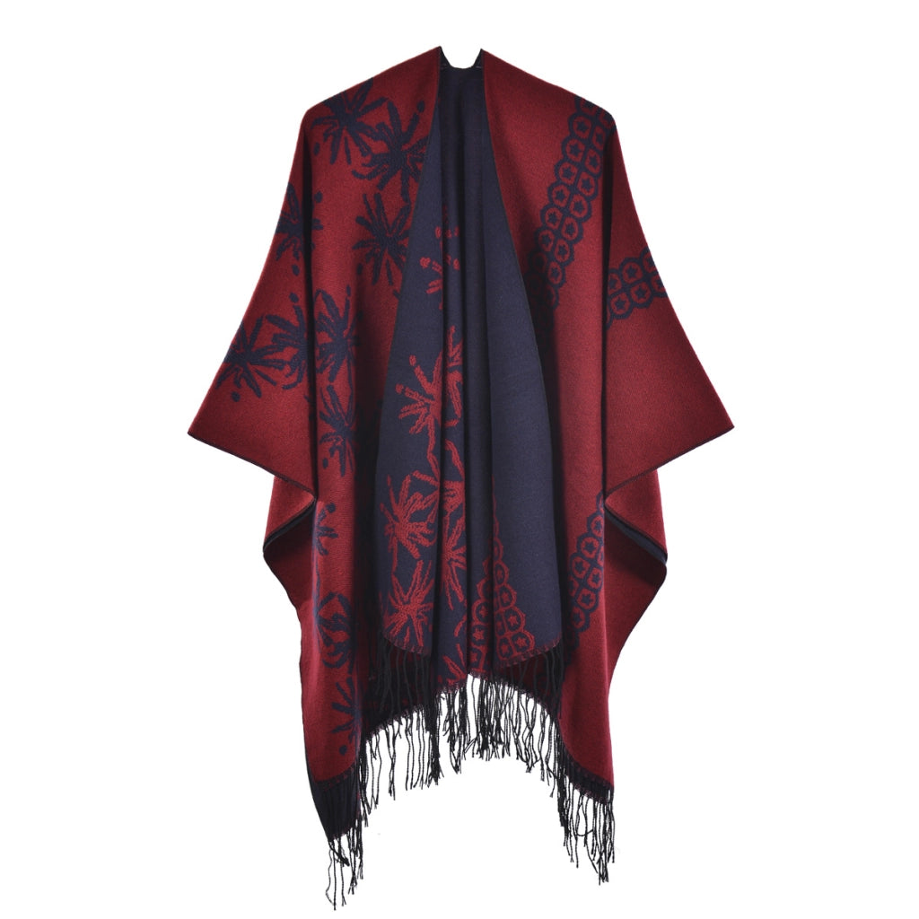 Mantella da donna double face con nappe, extra large e spessa, con spacchi, sciarpa lavorata a maglia alla moda e calda