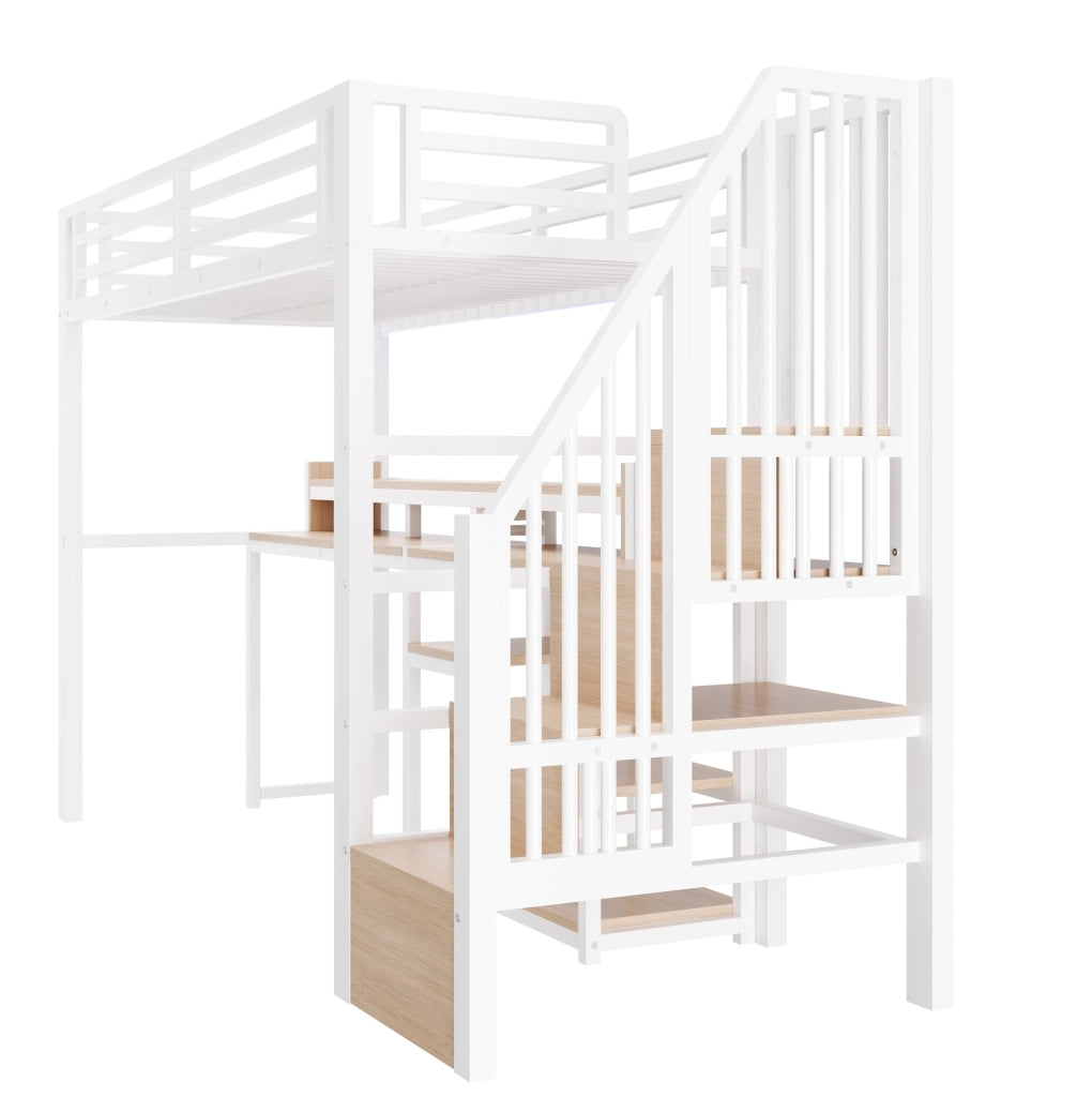 Letto a soppalco 90x200 cm in metallo e MDF con scala; ripiani; LED e USB; bianco