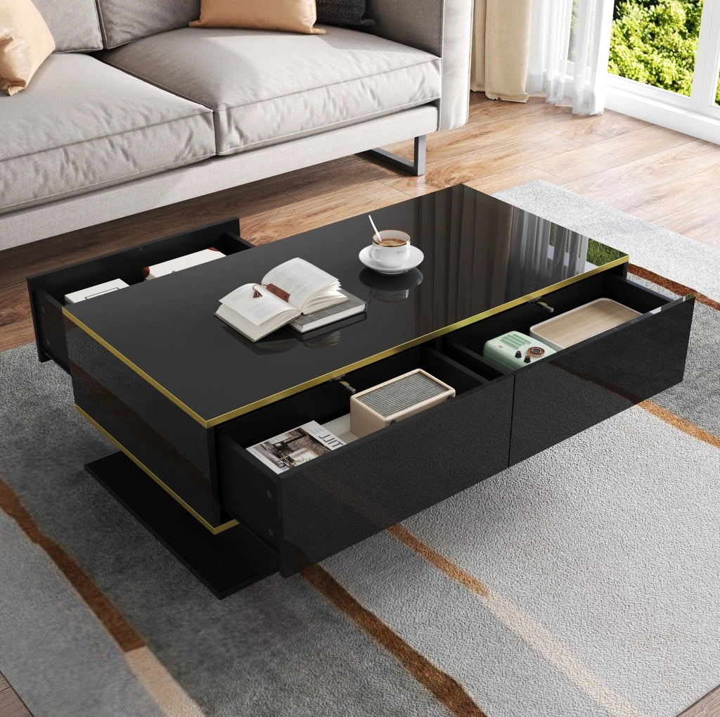 Tavolino da caffè moderno 100 x 50 x 40 cm nero lucido con LED; 3 cassetti e dettagli oro