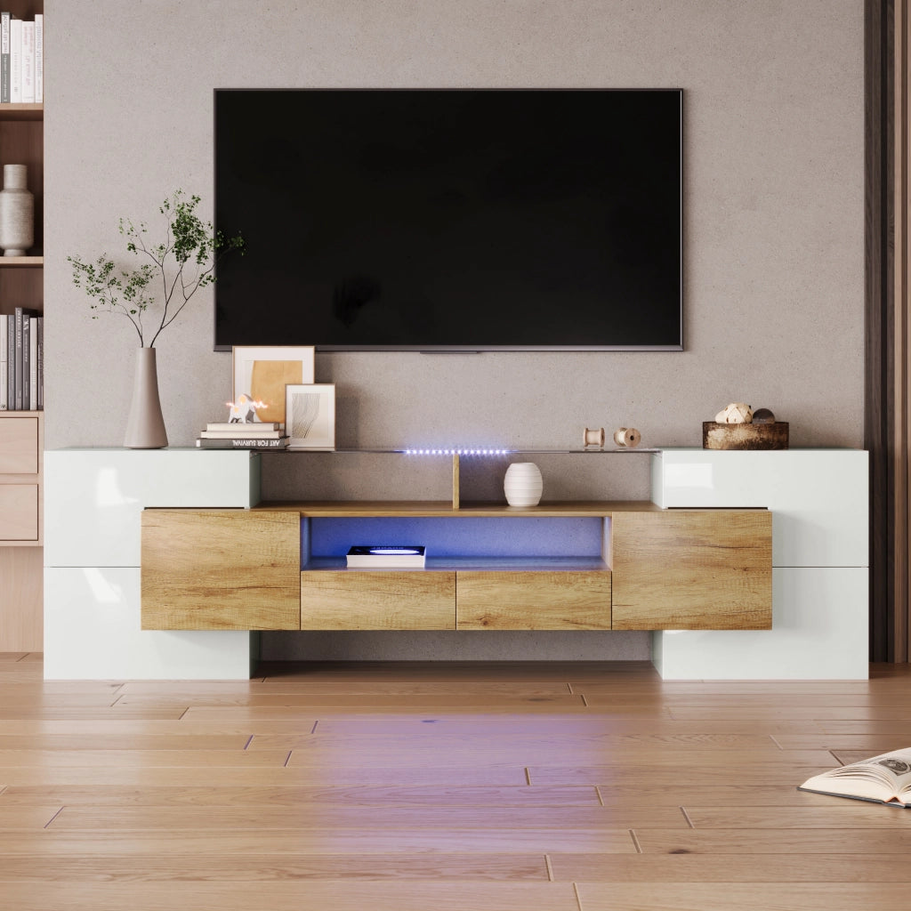 Mobile TV con 6 Ante; 2 Cassetti; 3 Vani e LED Multicolore; Bianco Lucido; 200¡Á35¡Á60 cm; in MDF; Naturale