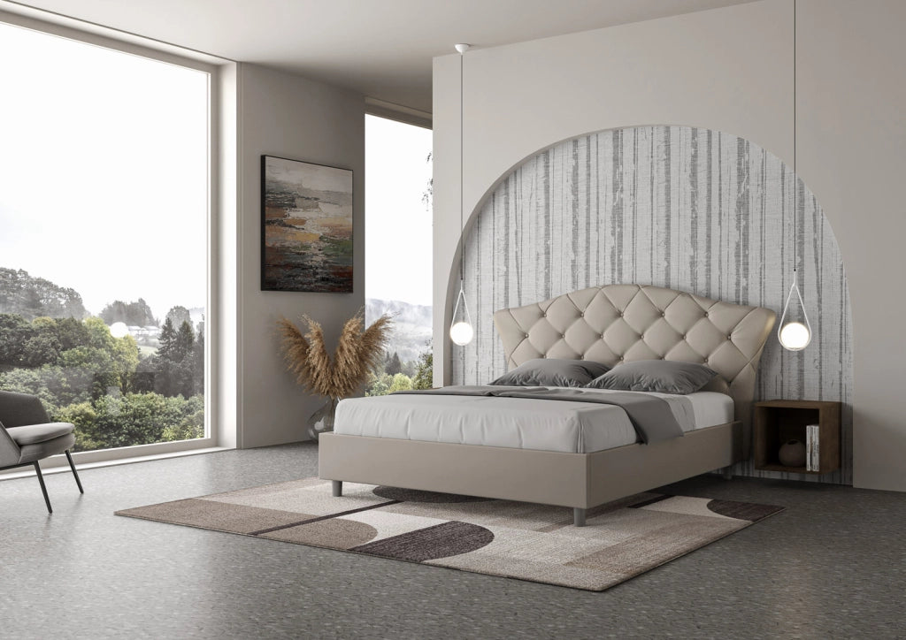 Letto Matrimoniale 160x190 cm con Rete e Contenitore con Testata Imbottito in Similpelle Langre Tortora