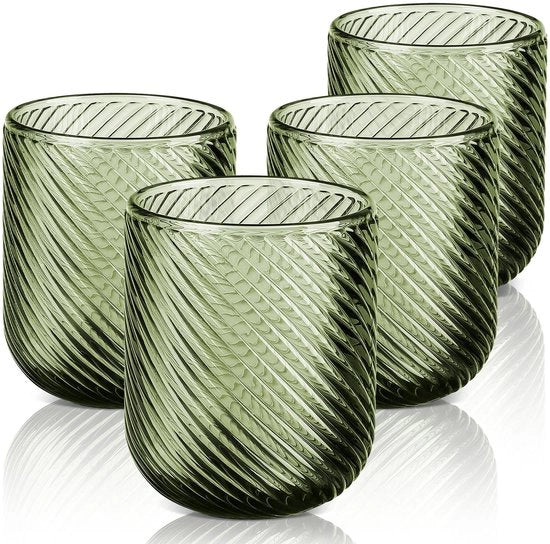 Set di bicchieri per bevande 4 pezzi - 260 ml - Verde - Vintage - Vetro privo di piombo - Resistenti al lavastoviglie - Design a rilievo - Bicchieri per bevande