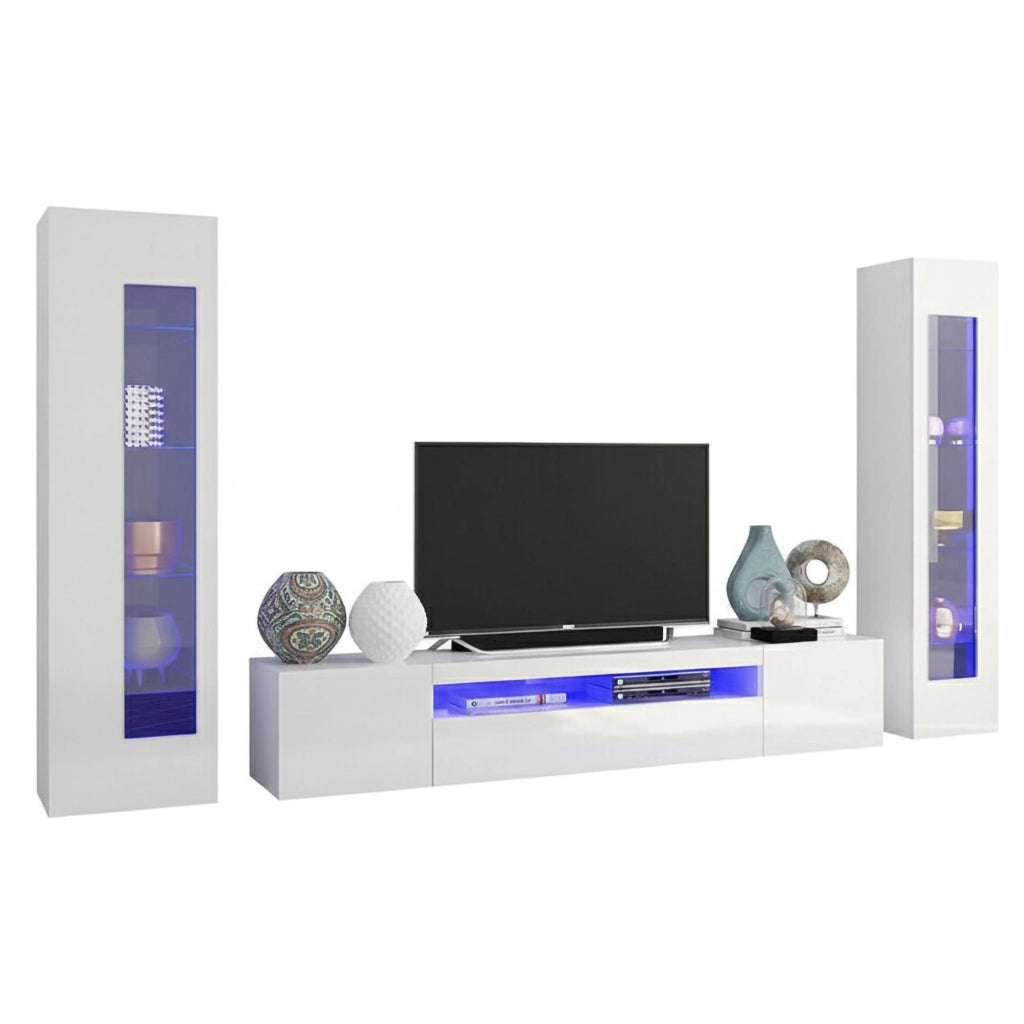 Parete attrezzata da soggiorno Aslhey, Made in Italy, Mobile porta TV, Set salotto moderno, cm 300x40h162, Bianco lucido