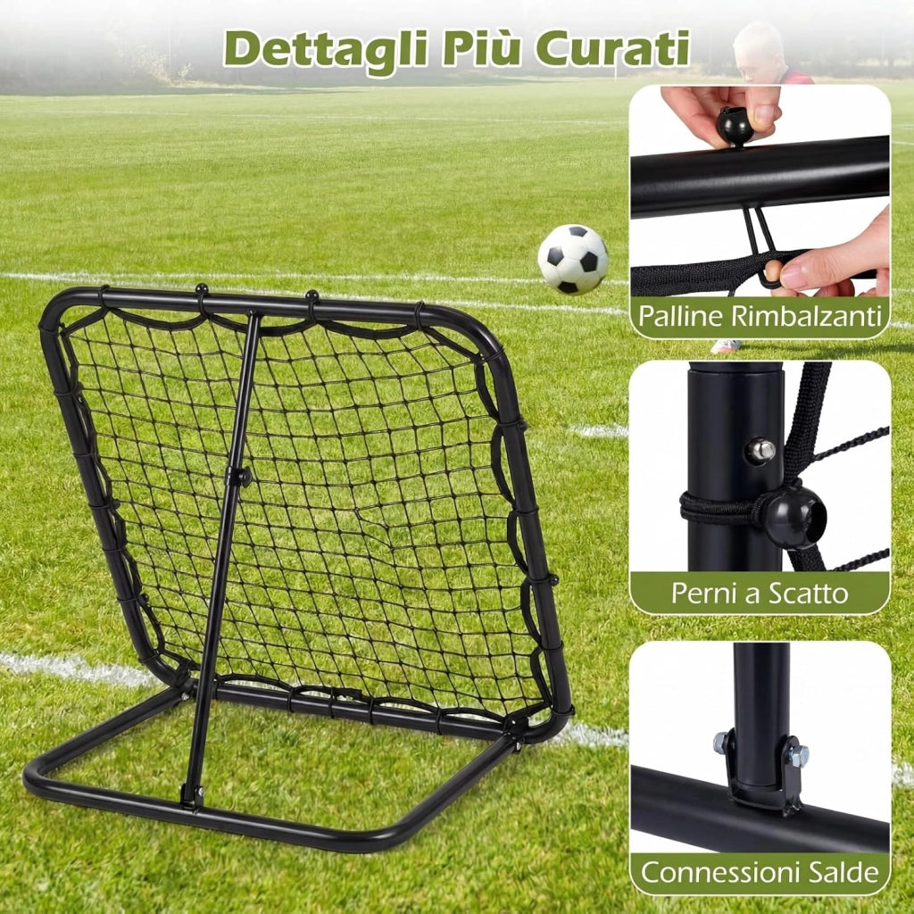 Rete Rimbalzo Calcio, Rete Calcio Rimbalzante Pieghevole da Giardino con 4 Altezze Regolabili, Telaio in Metallo e Picchetti, Porta da Calcio per Bambini, 83,5 x 52 x 77-85 cm