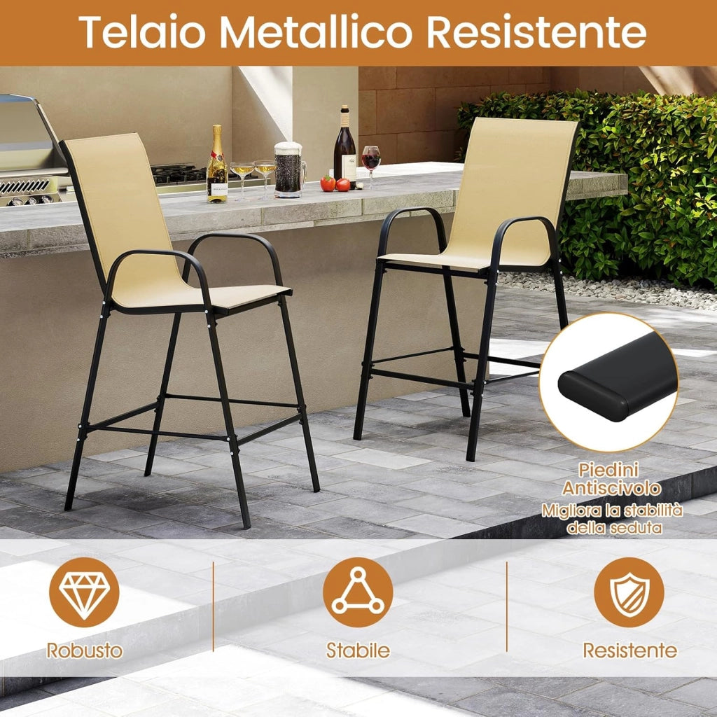 Set di 2 Sgabelli da Bar per Esterno, Sgabello 74 cm da Giardino, Polrona Alta con Poggiapiedi, Seduta Allargata & Telaio in Metallo,per Patio Terrazza Piscina, Portata 150 kg