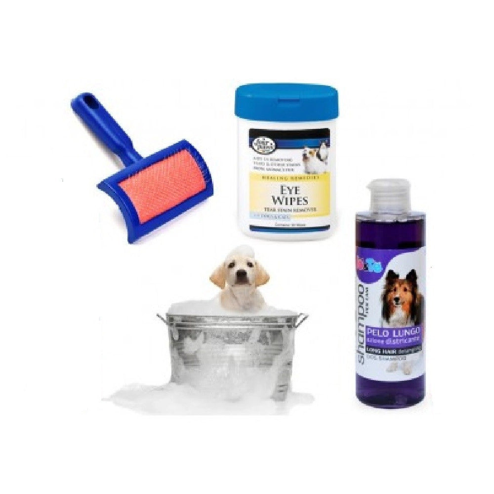 Trade Shop - Kit Pulizia Cani Shampoo Azione Districante Salviettine Spazzola Cardatore Pelo Lungo -