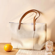 Borsa a mano grande da donna in vera pelle, colore bianco, ideale per il tempo libero.