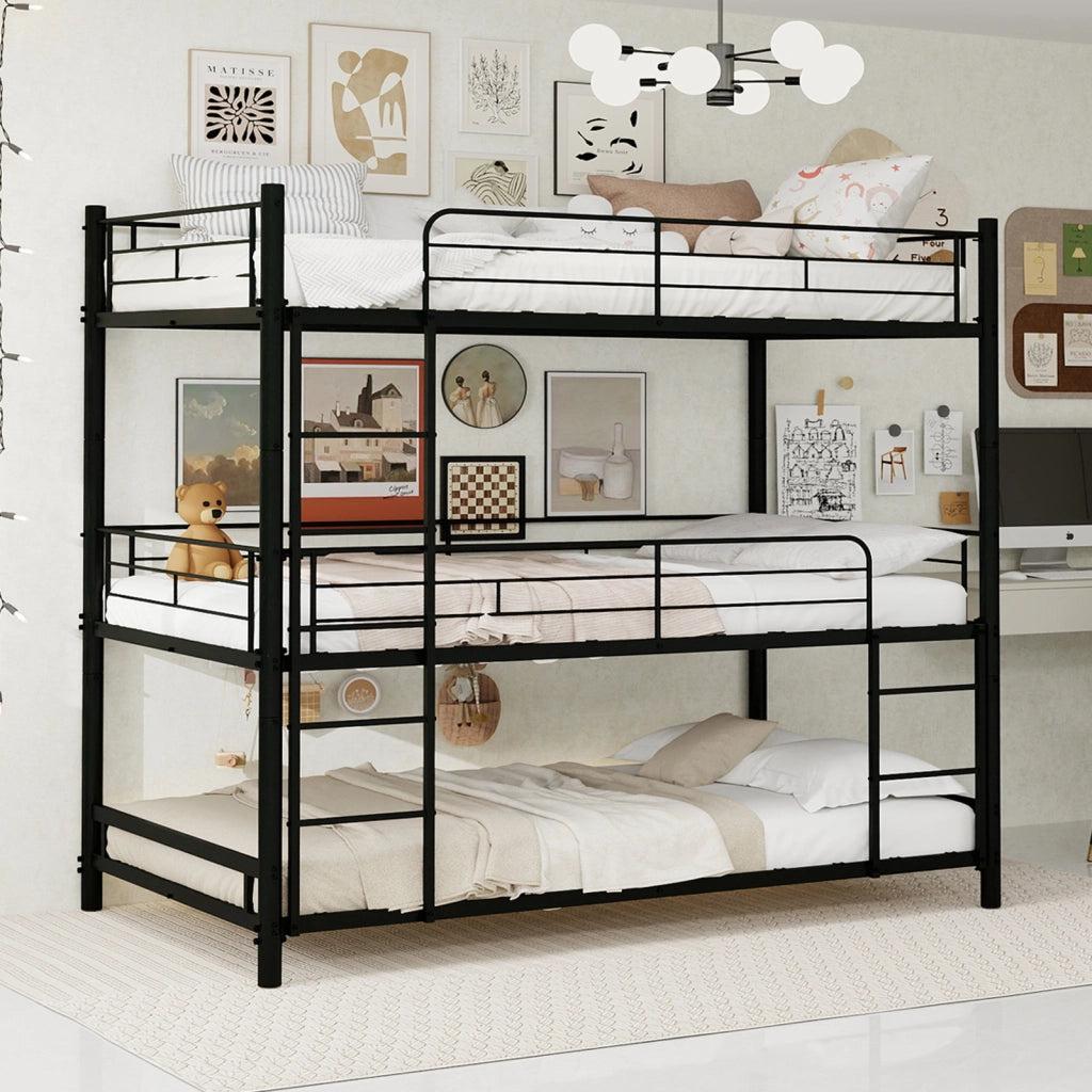LETTO a Castello Triplo in Metallo Nero con Scale Integrate
