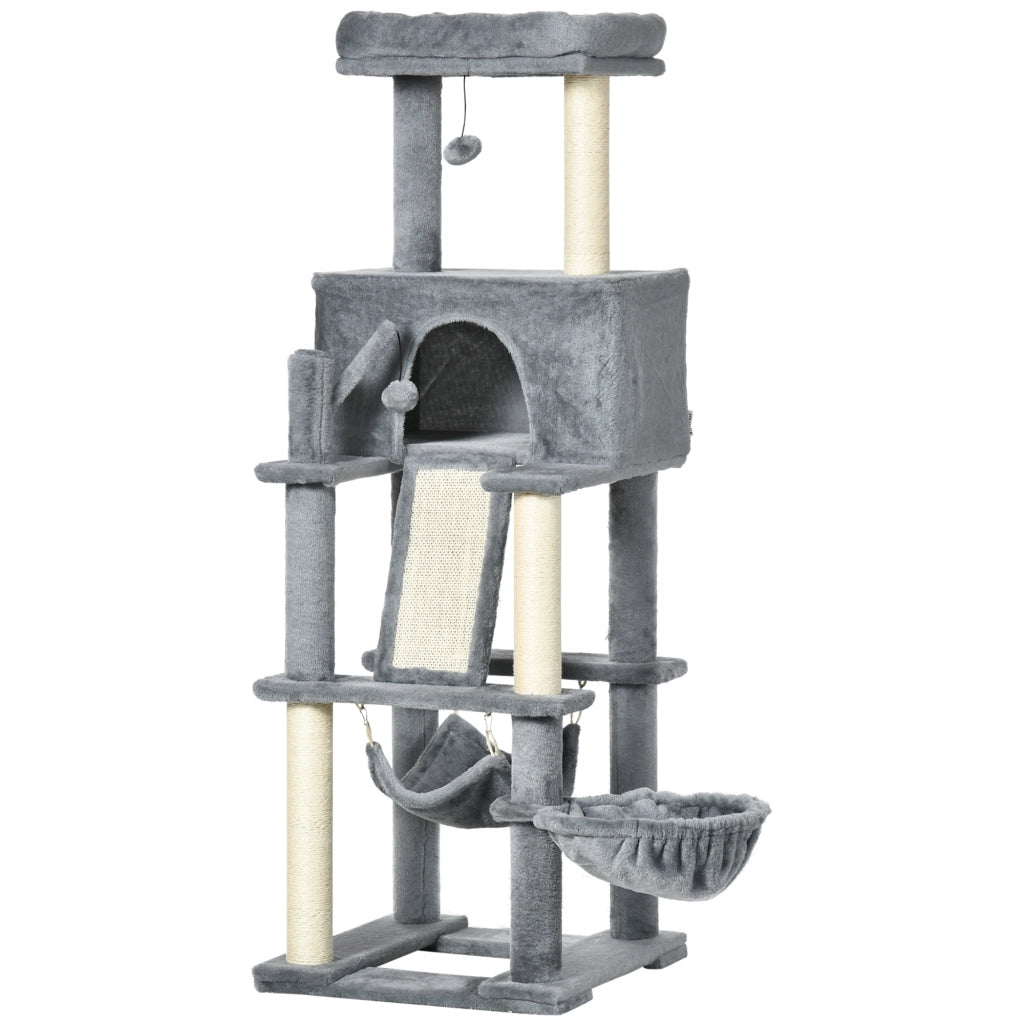 Albero Tiragraffi per Gatti con Pali in Sisal, Casetta, Lettino e Amache, 48x48x140cm, Grigio