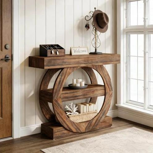 Tavolo consolle rustico 105x30x85 cm con 3 ripiani aperti; legno marrone rustico
