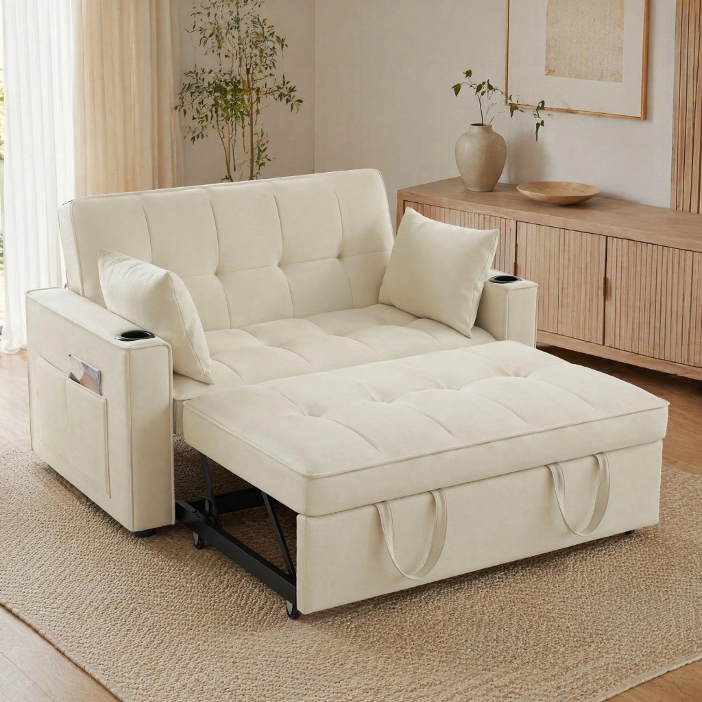 Divano letto 137 cm in velluto beige con portabicchieri， 3 in 1