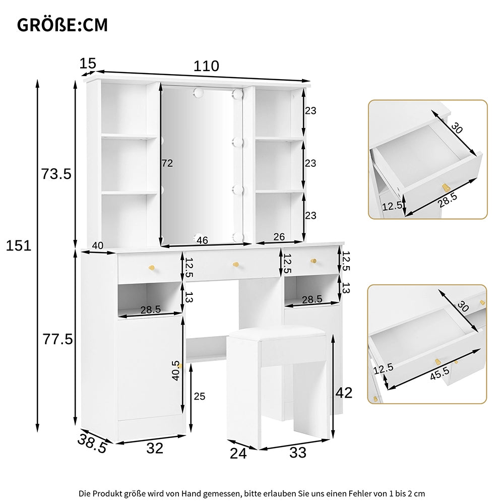Toilette con illuminazione LED regolabile - Xylo - 151x110x40 cm - Bianco - Con specchio, sgabello, 3 cassetti e 2 ante
