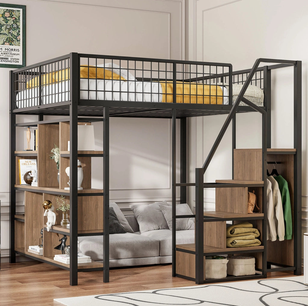 Letto a soppalco 140x200 cm nero metallo e legno con scala contenitore