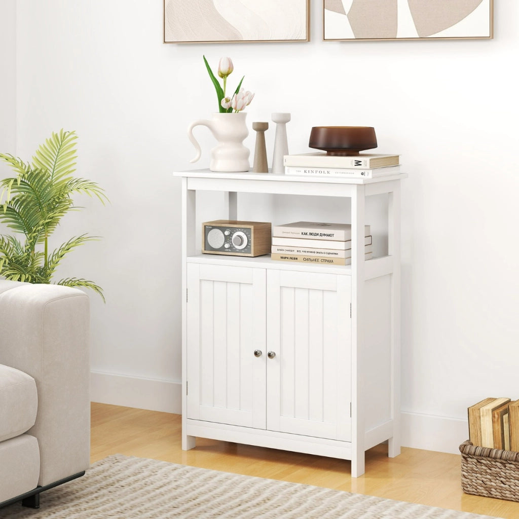 Armadio da pavimento per bagno con scomparto aperto, Organizzatore di stoccaggio con 2 porte e ripiano regolabile Bianco-Armadietti da bagno