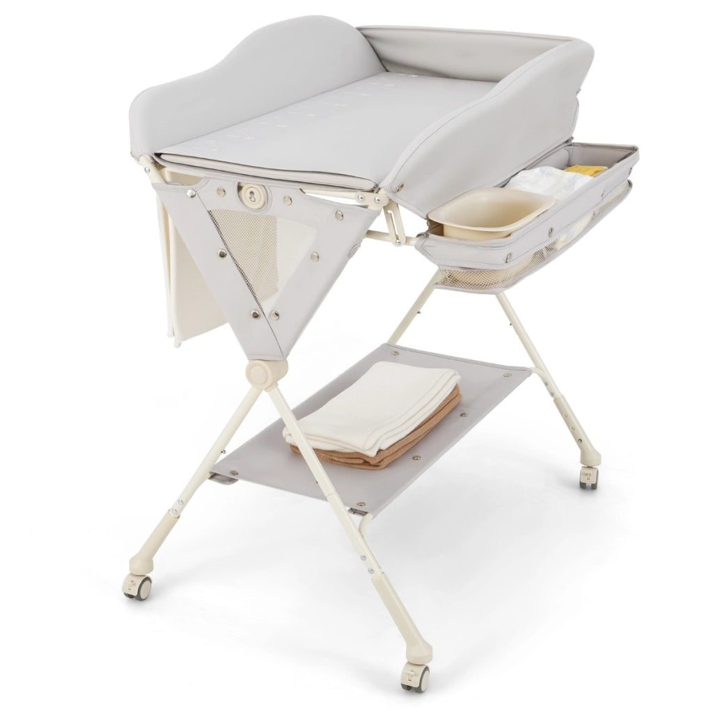 Fasciatoio per bambini con 3 altezze regolabili e 4 ruote bloccabili, Fasciatoio pieghevole con bacino Grigio-Fasciatoi