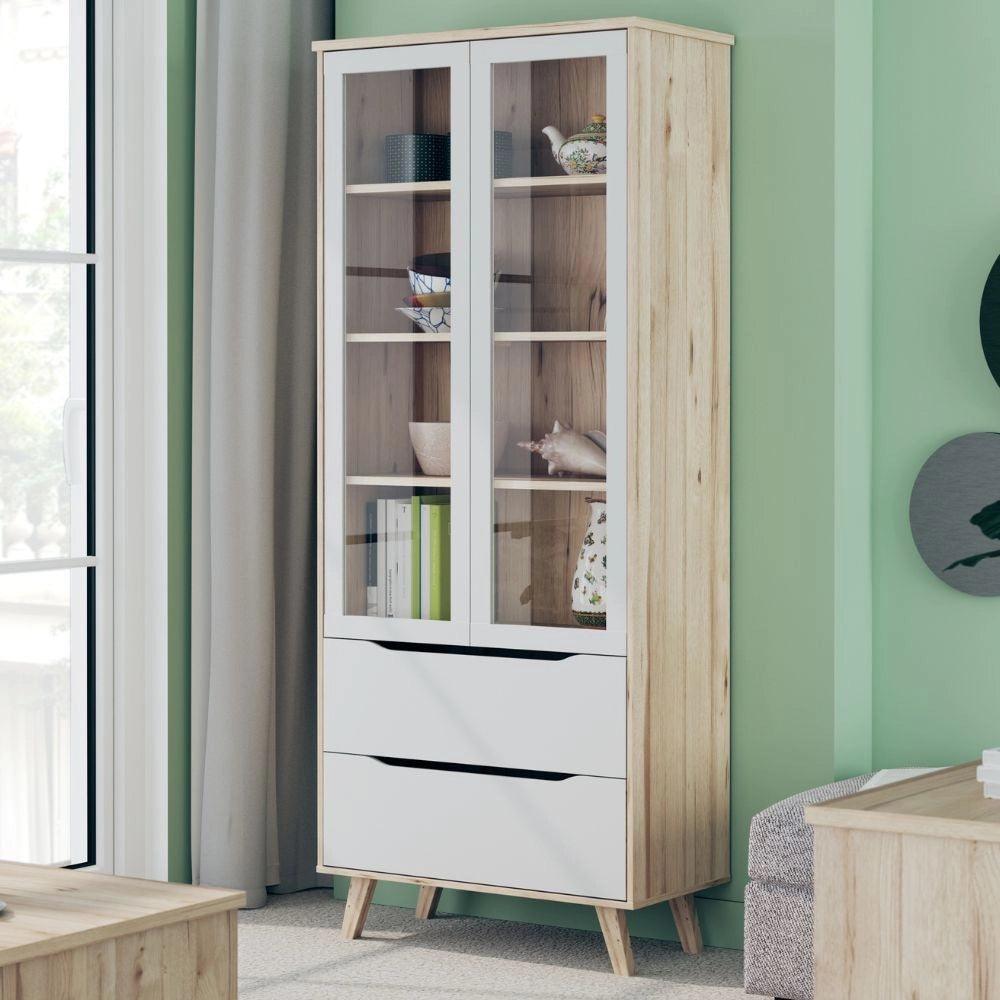 Vetrina Axis 2 Ante in Vetro e 2 Cassetti Rovere e Bianco – Eleganza Moderna e Massima Luminosità