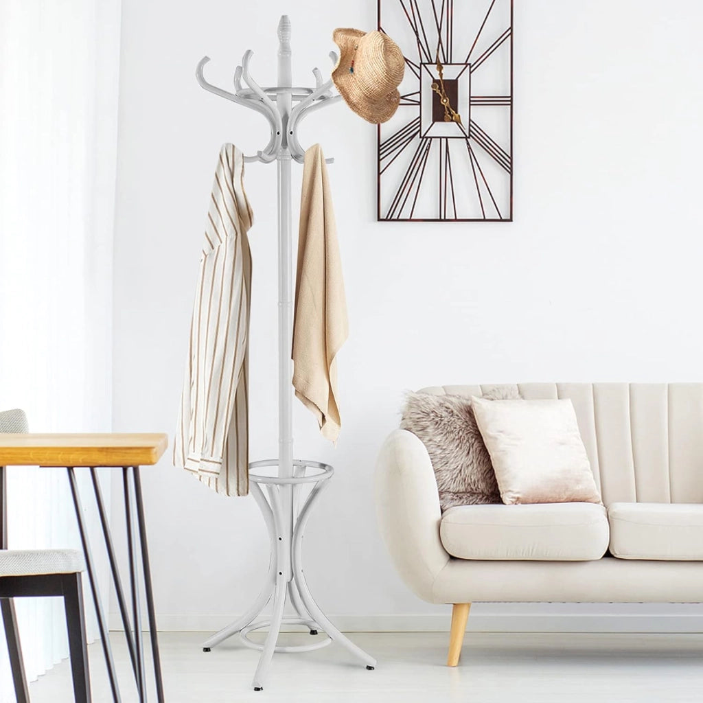 Appendiabiti da 184 cm, Scaffale per Abiti e Cappelli, Appendiabiti in Legno con 12 Ganci, Supporto per Ombrellone, Portabiti Autoportante, per Ingresso, Ufficio, Soggiorno (Grigio)