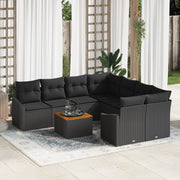 Set di Divani da Giardino in 9 Pezzi con Cuscini Polirattan Nero Acacia