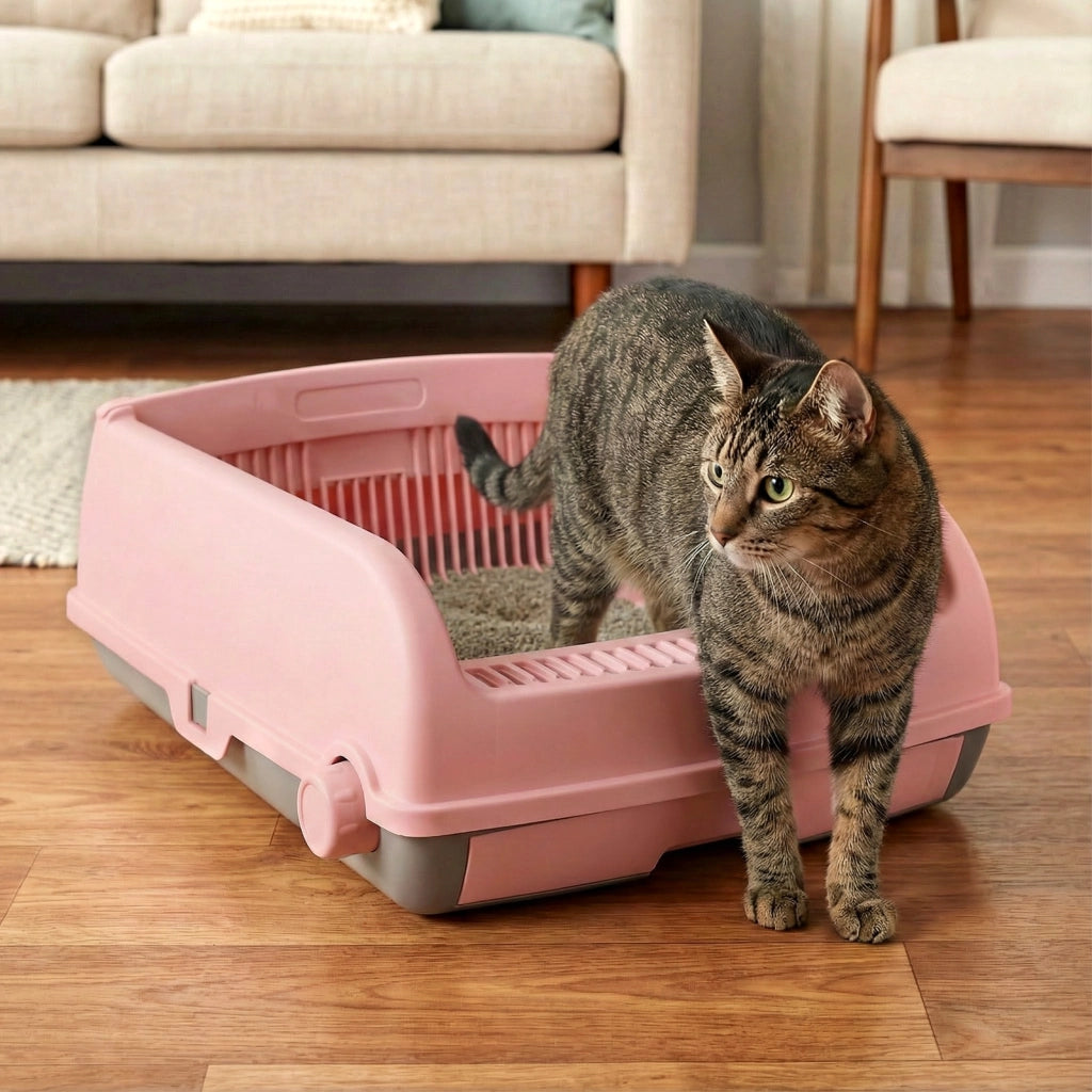 Lettiera per gatti semi-automatica a tetto aperto antischizzo-Toilette con vassoio estraibile paletta pedale filtra sabbia Rosa