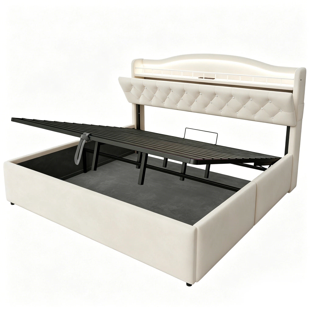 Letto contenitore matrimoniale con USB; USB-C; LED e vano testiera 180 × 200 cm; senza materasso