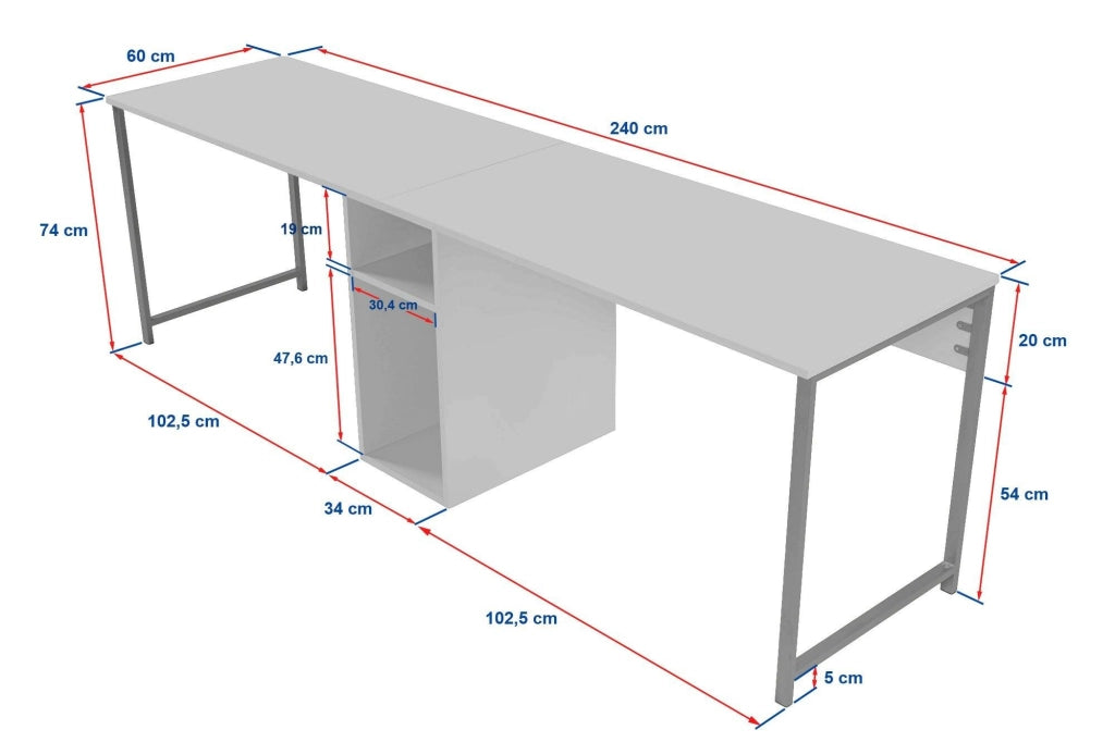 Scrivania Violet, Scrittoio multiuso, Tavolo per ufficio porta PC, Piano di lavoro, 240x60 h74 cm, Bianco e Oro