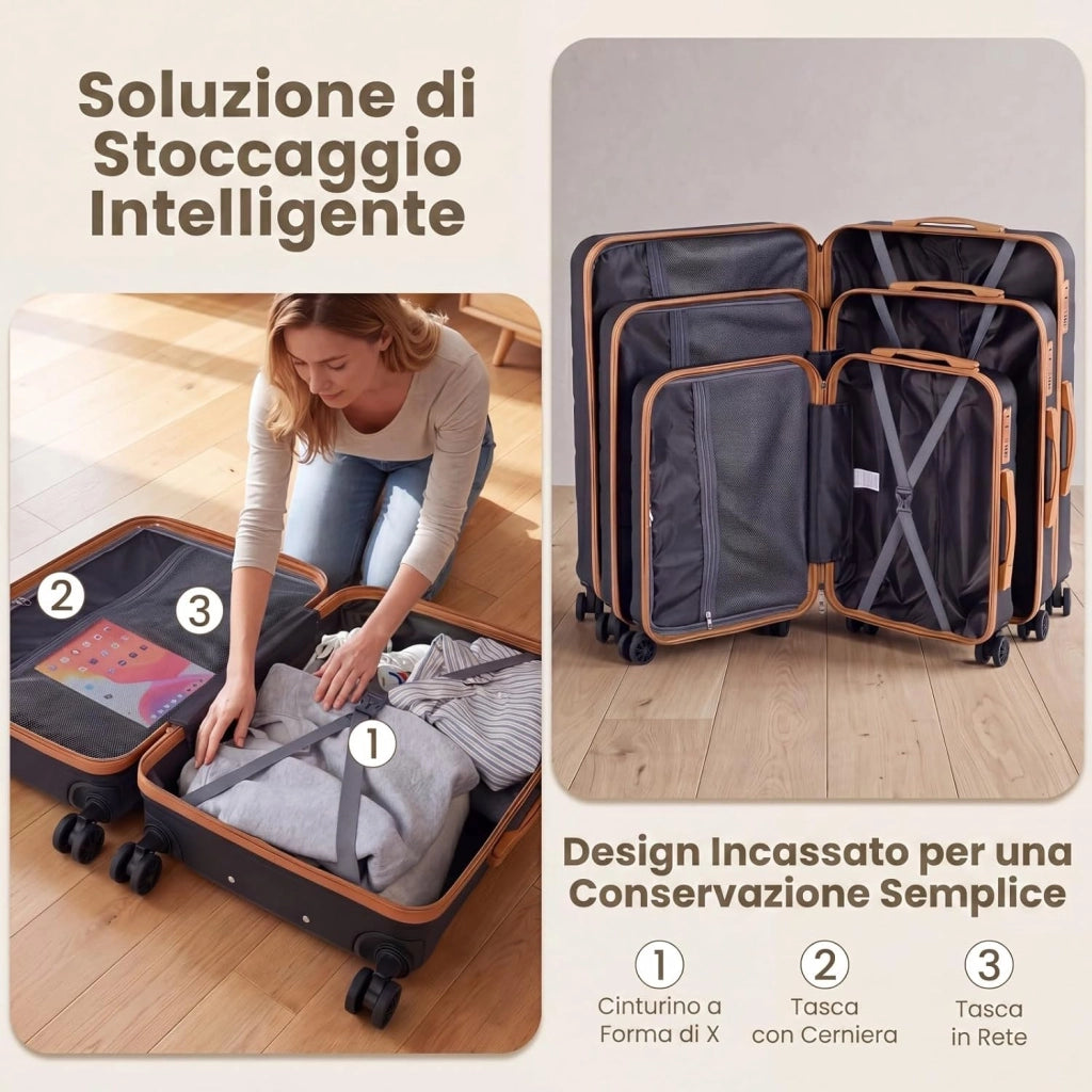 Set di 5 Pezzi Valigie da Viaggio, Set 3 Valigie Rigide in ABS (28”/24”/20”con 1 Bagaglio a Mano e 1 Borsetta, Lucchetto a Codice, Manico Telescopico e Ruote Girevoli, Trolley da Cabina (Nero)