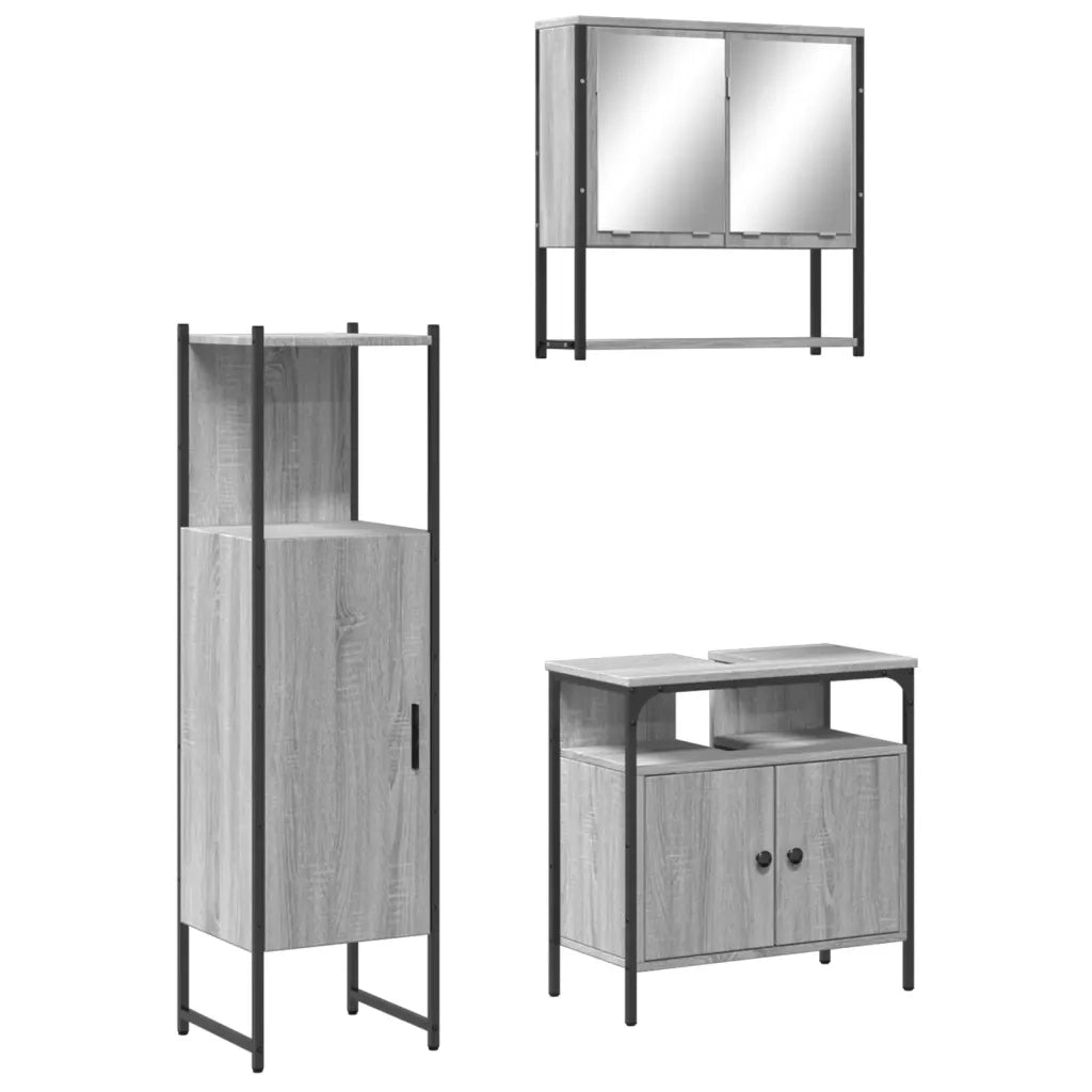 Set Mobili da Bagno | Armadio da bagno 3 pz Grigio Sonoma in Legno Multistrato