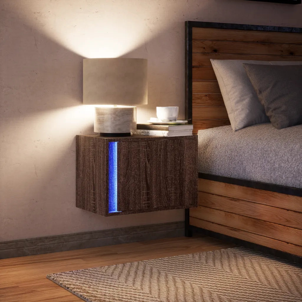 Comodino a Parete con Luci LED-Tavolino da notte sospeso Rovere Marrone 278415