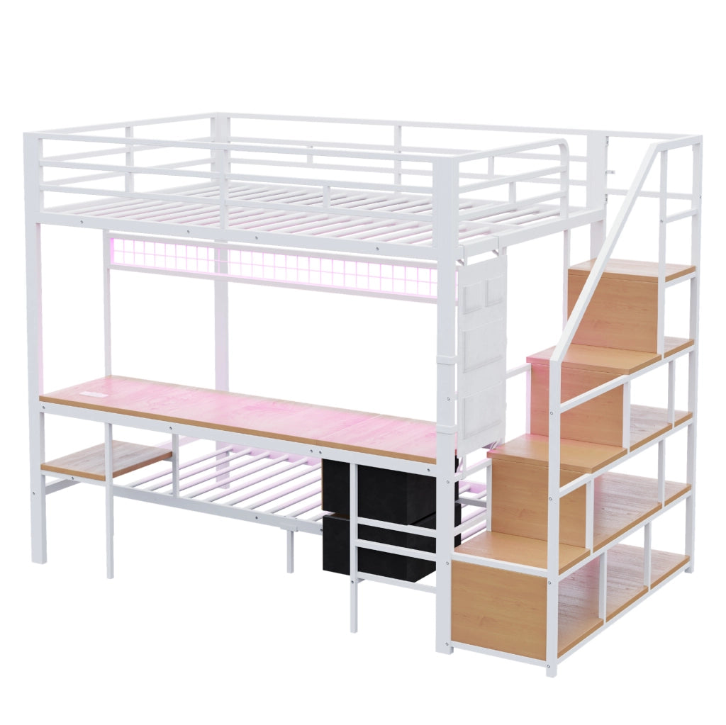 Letto a soppalco multifunzione 140x200/90x200 cm con scrivania; LED; prese e contenitori in metallo e MDF bianco