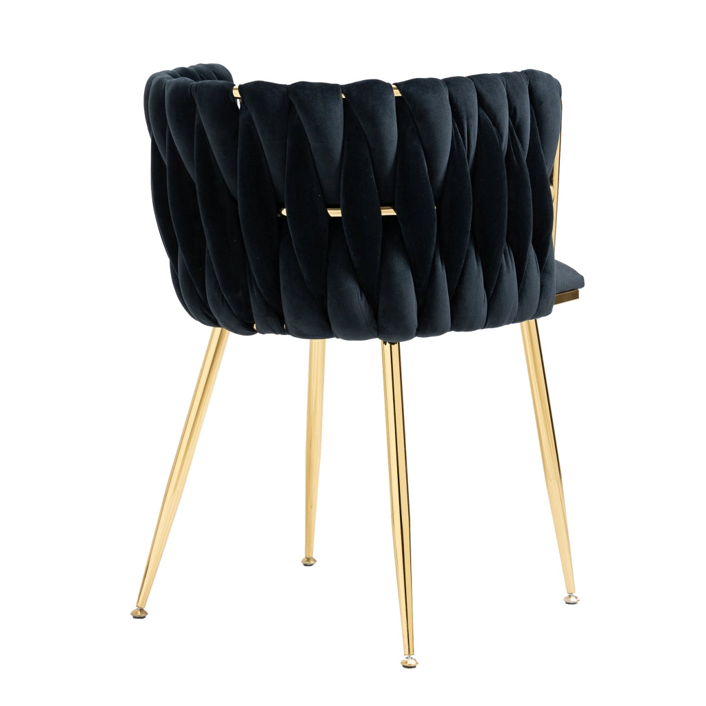 Sedia da pranzo in velluto nero con gambe in metallo dorato, design intrecciato dello schienale e struttura stabile